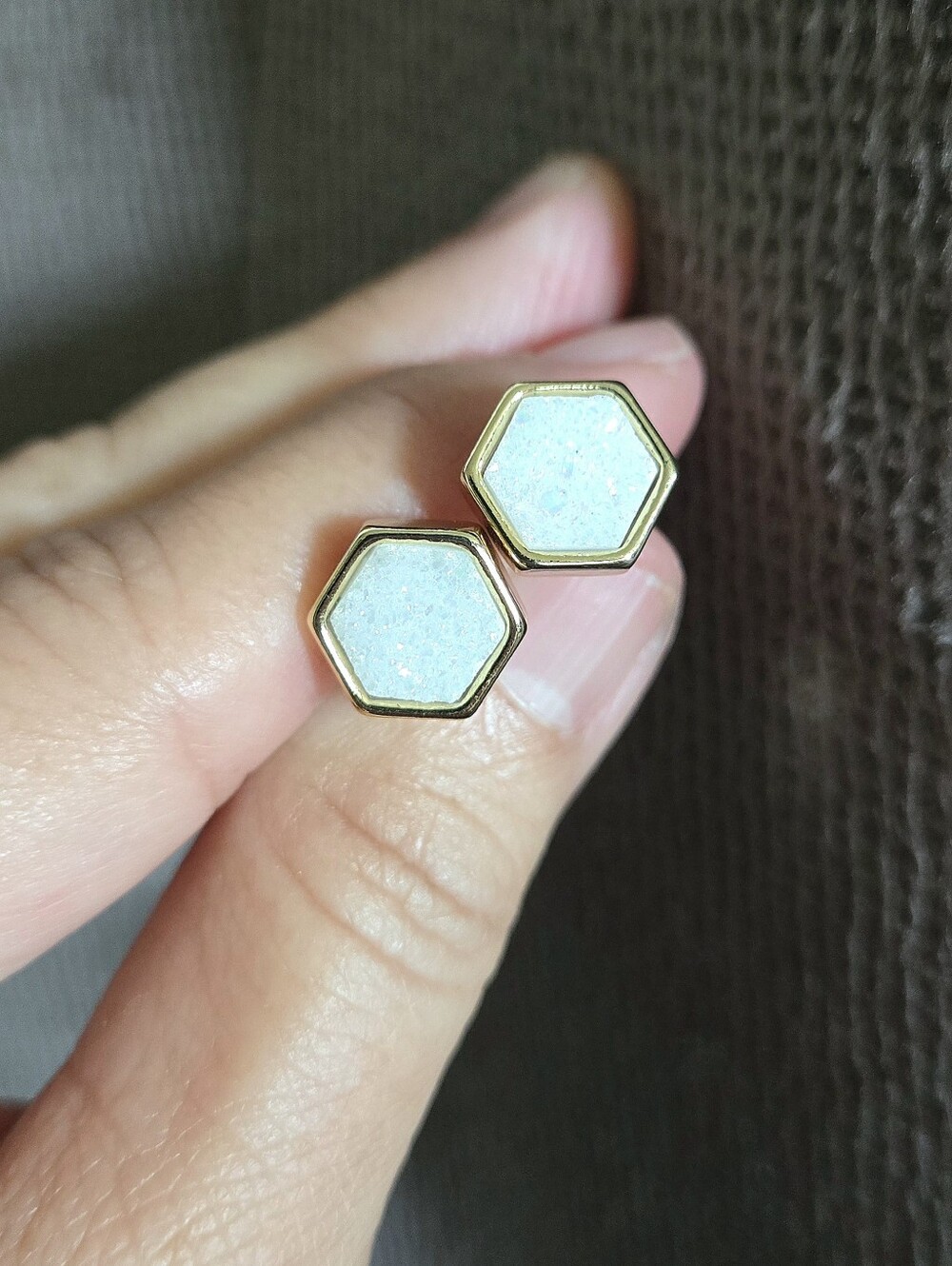 Luna🌙 Norte White Druzy Quartz Hexagon Earrings - Picture 14 of 16